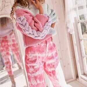 LoveShackFancy Women's Pink White Tao Hibiscus Hand‎ Dye Trouser Pant Size 2 NEW